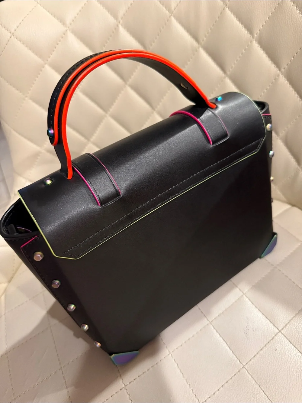 Michael Kors Black Satchel with Neon Trim and Iridescent Hardware